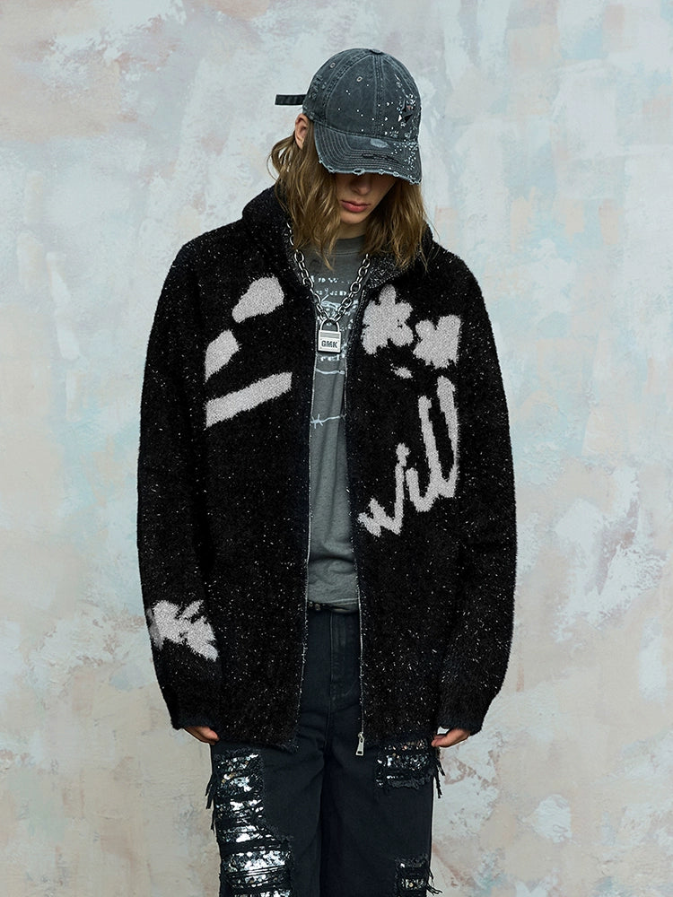 Jacquard Organza Graphic Letter Oversize Zipper Hoodie WN17865