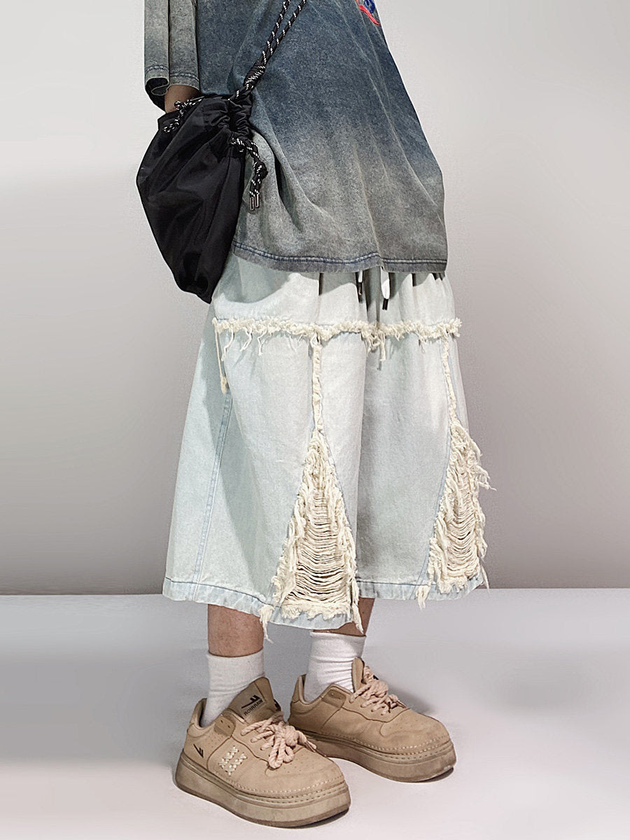 Ripped Wide Leg Denim Half Jeans WN24015