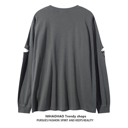 Hole and Needle Design Gradient Long Sleeve T-Shirt WN5457