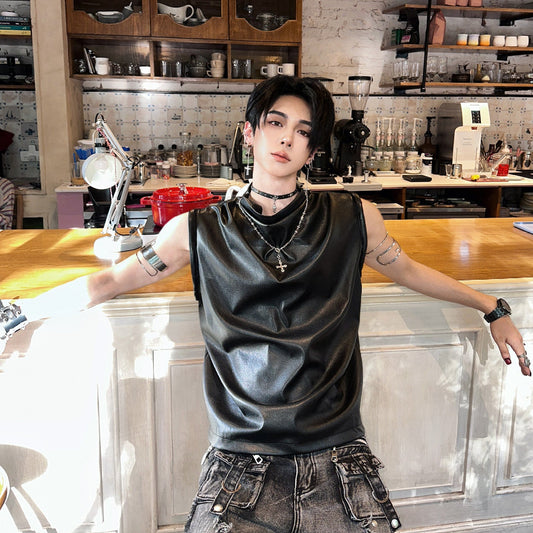PU Leather Sleeveless T-Shirt WN25114