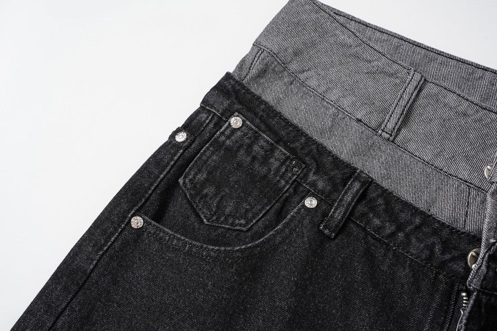 Double Waist Studs Detail Wide Leg Denim Jeans WN28026