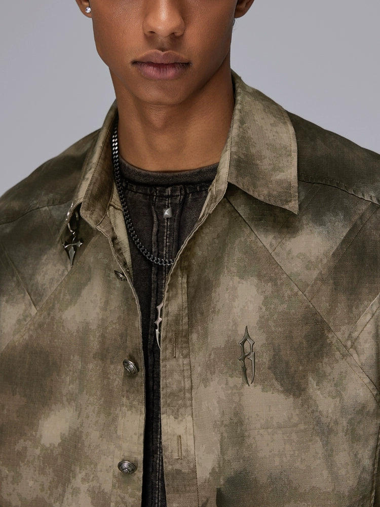 Texture Camouflage Design Short Sleeve Shirt & Wide Leg Cargo Pants Setup WN17828