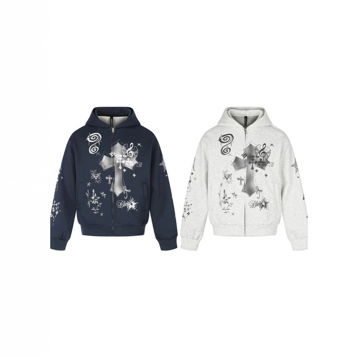 Cross Music-Note Print Drop-Shoulder Oversize Zipper Hoodie WN27937
