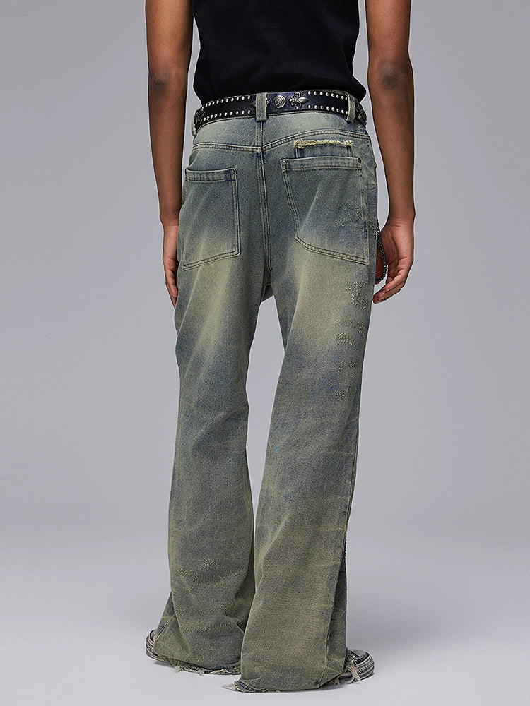 Washed Damage Design Flare Raw Hem Denim Jeans WN17880