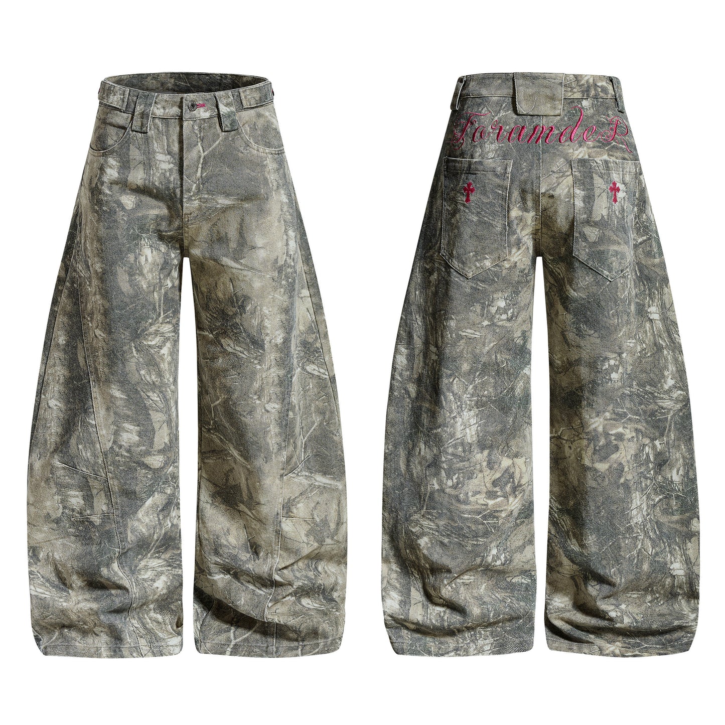 Letter Embroidery Camouflage Wide Leg Barrel Pants WN22903