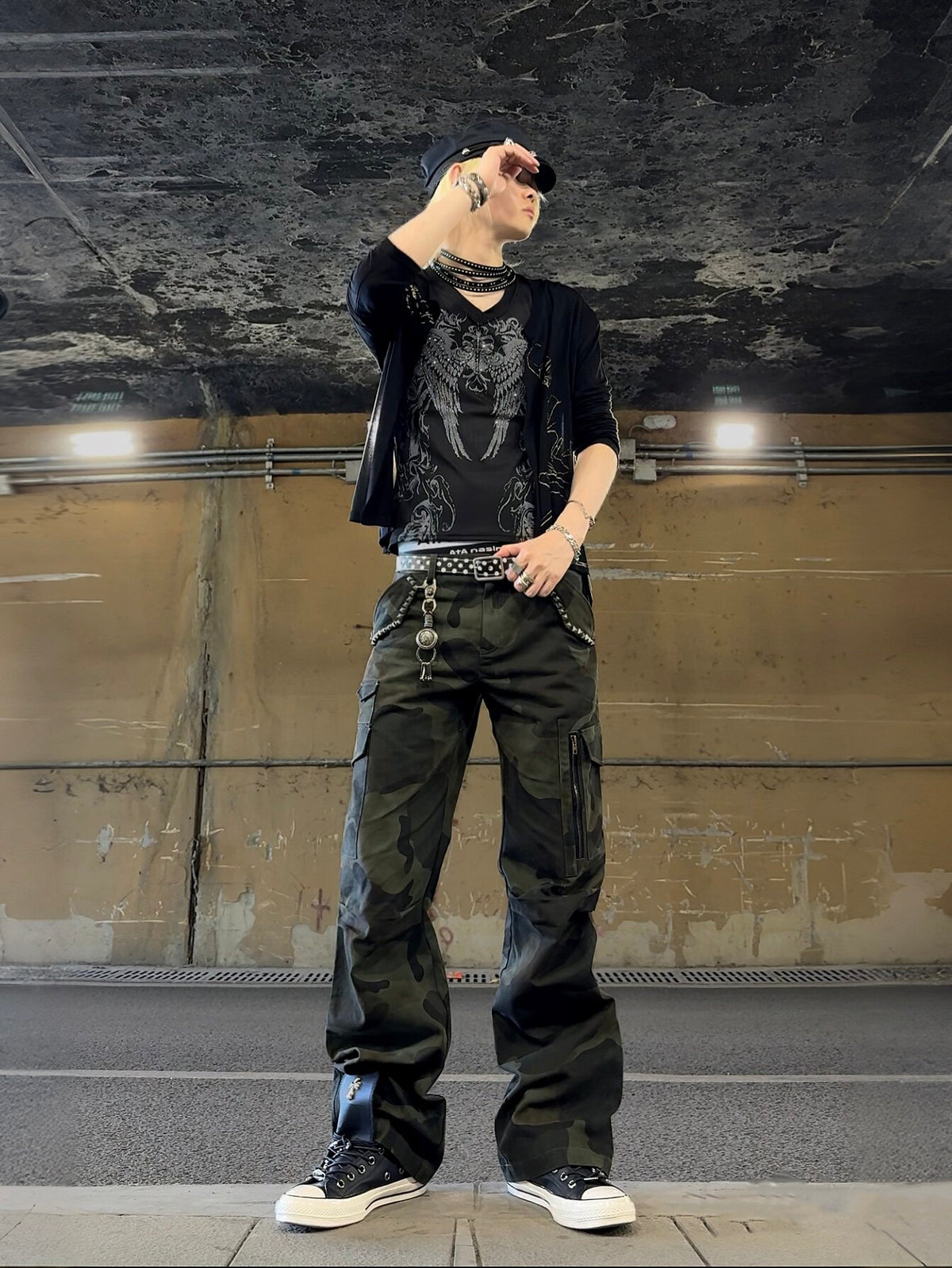 Camo Studs Detail Straight Cargo Pants WN27217