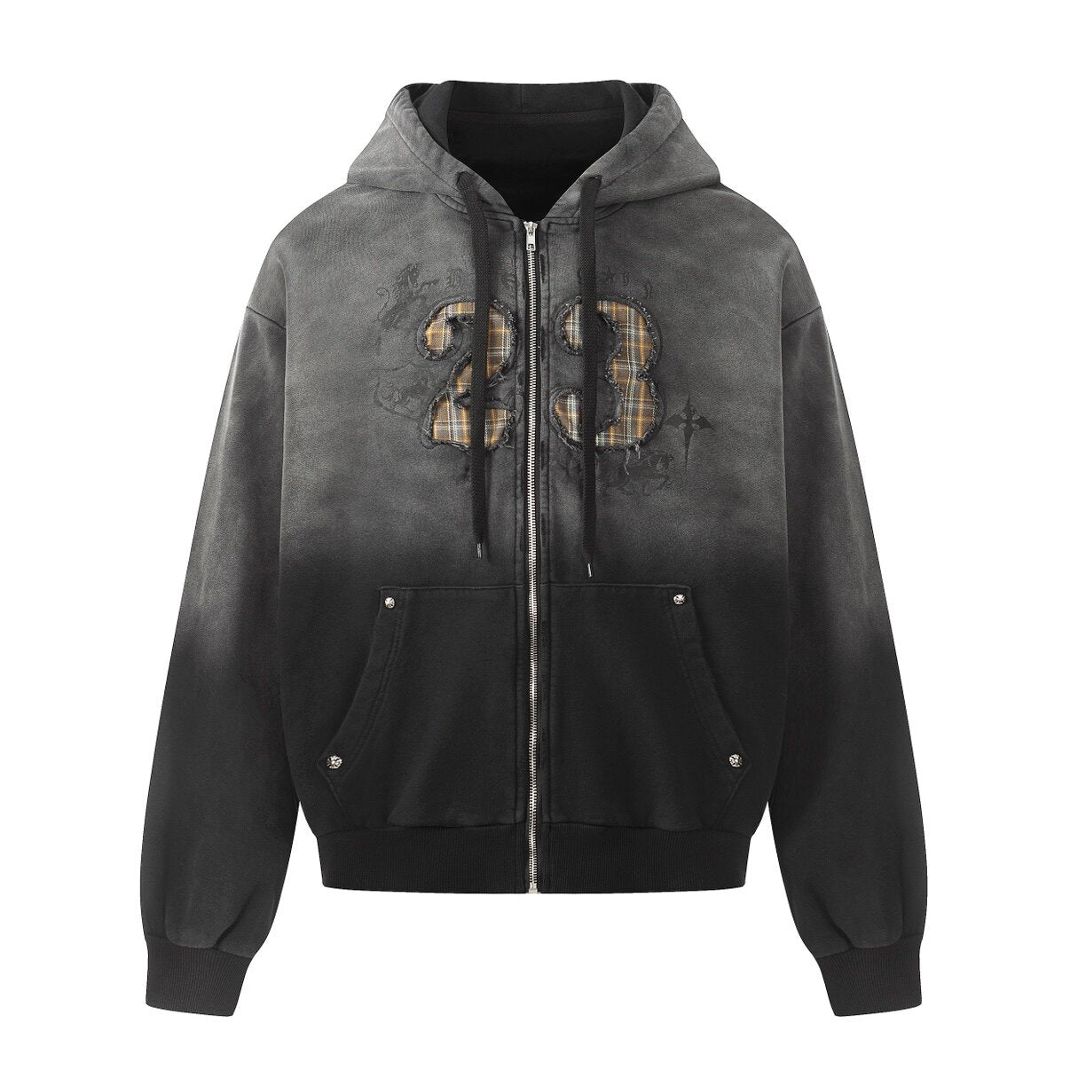 Gradient Embroidery Damage Zipper Hoodie WN24475