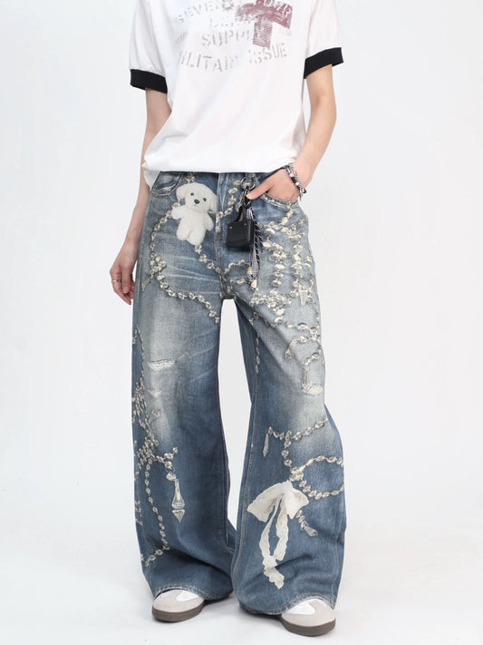 Crystal Chain Detail Wide-Leg Denim Jeans WN24418