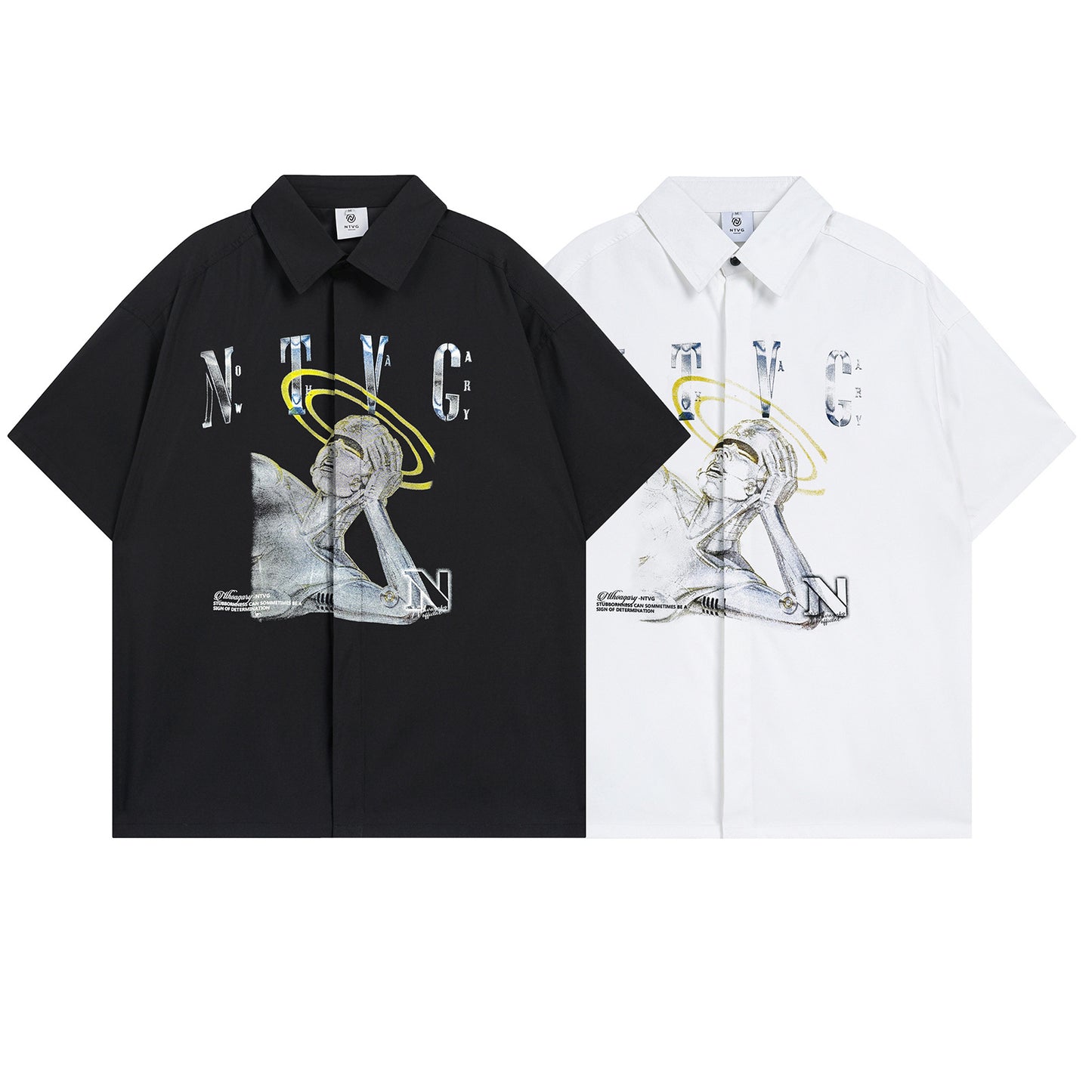 Graffiti Print Polo Collar Oversize Short Sleeve Shirt WN15096