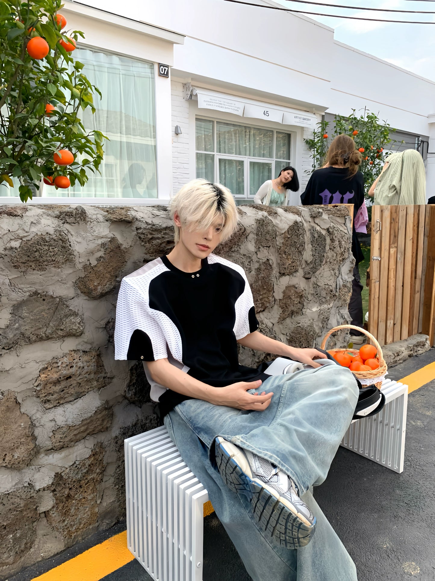 Color Block Panel Sporty Shoulder-Pad Oversize Short Sleeve T-Shirt WN19896