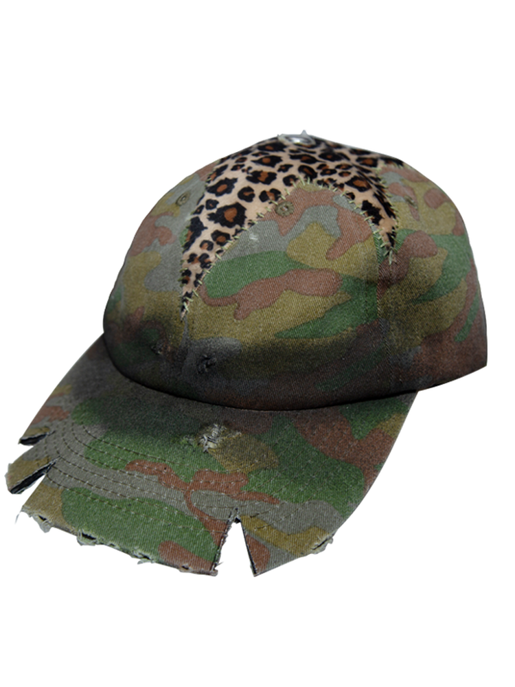 Irregular Brim Leopard Patchwork Damage Cap WN21092