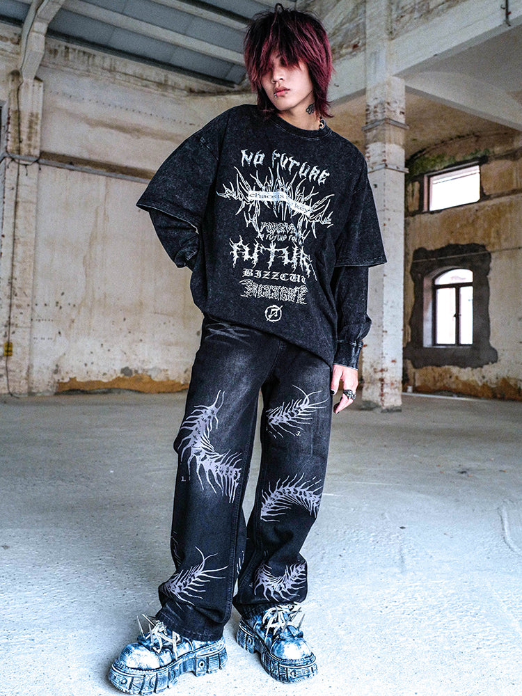 Graphic Print Washed Fake Layered Long Sleeve T-Shirt WN16030