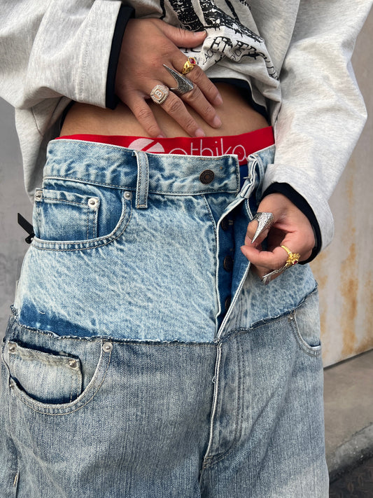 Contrast Panel Washed Wide Leg Denim Jeans WN24059