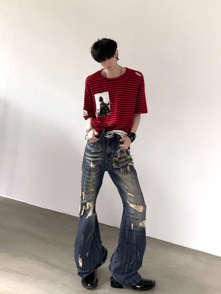 Studs Damage Washed Flare Denim Jeans WN15428