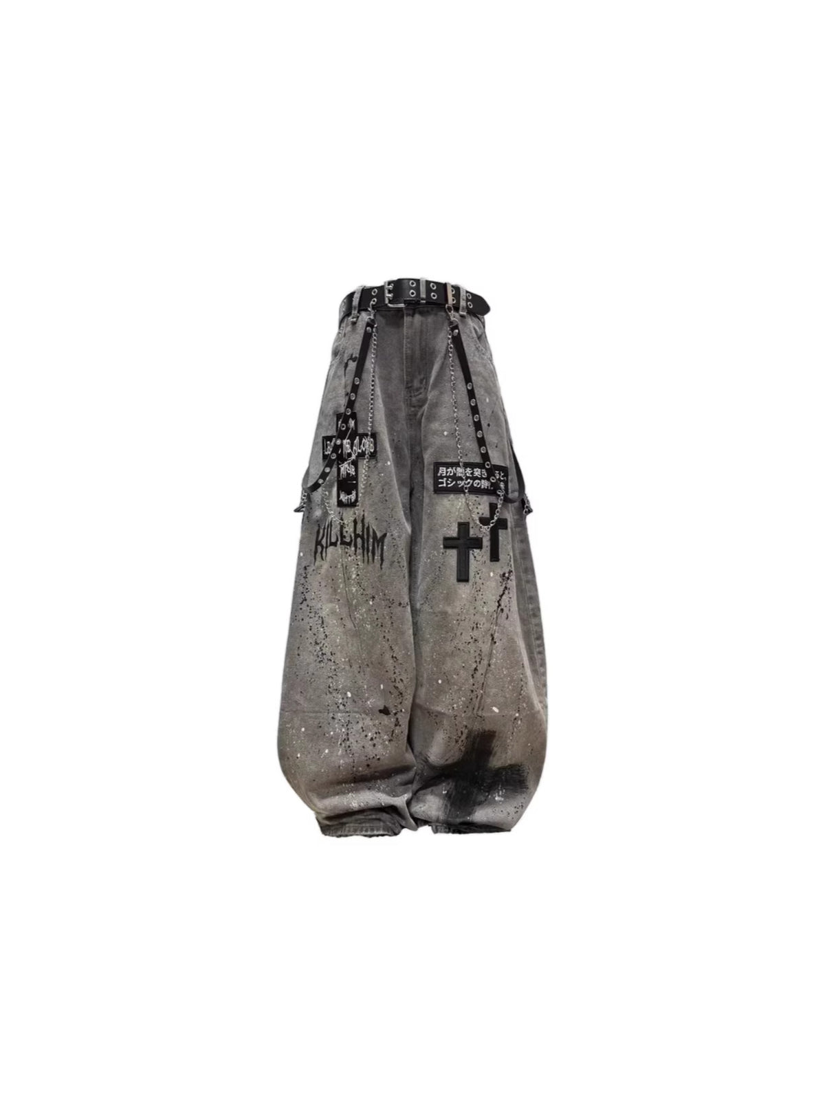 Ink Splash Ripped Detachable Metal Chain Wide Leg Denim Jeans WN27871