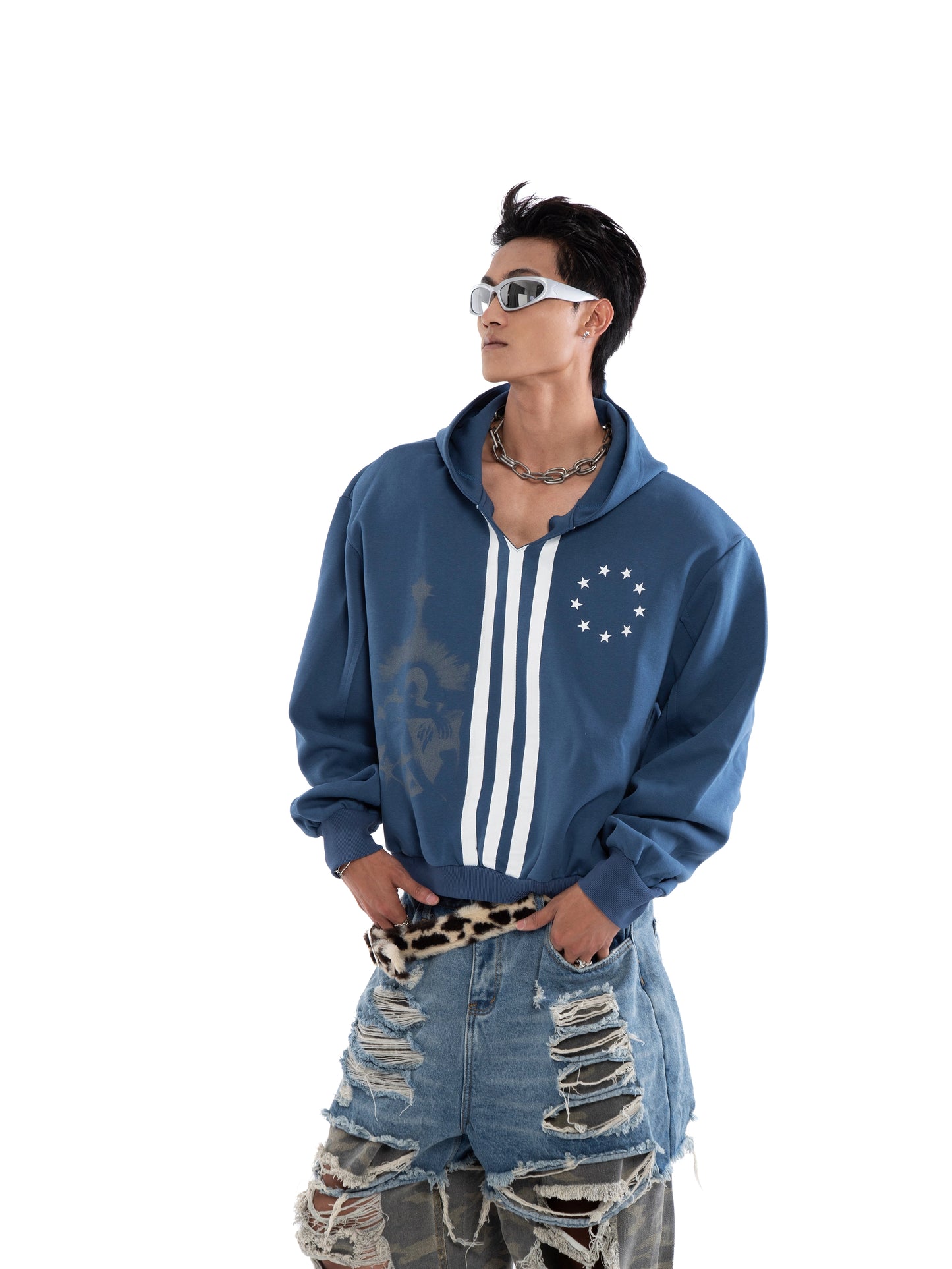 Flag Print V-Neck Oversize Hoodie WN20647
