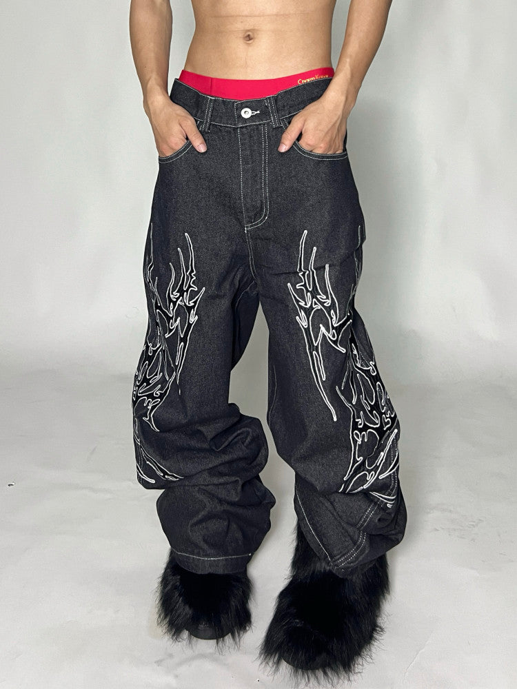 Flame Print Wide Leg Denim Jeans WN24133