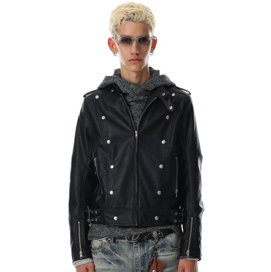 Stand Neck Double Studs Zipper PU Leather Jacket WN28068