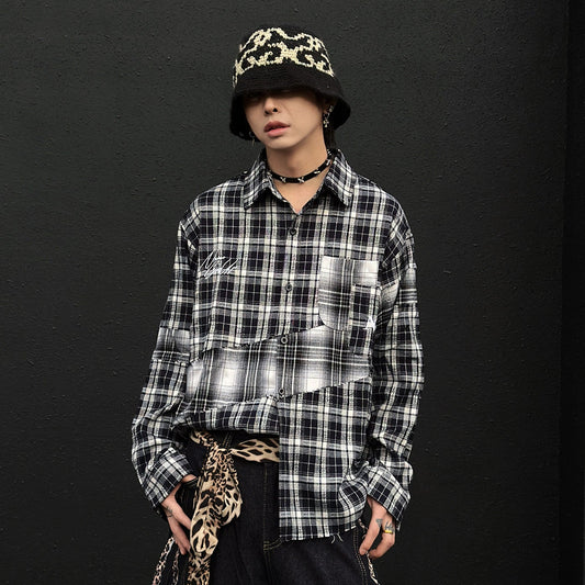 Patchwork Plaid Oversize Long Sleeve Shirt WN23026