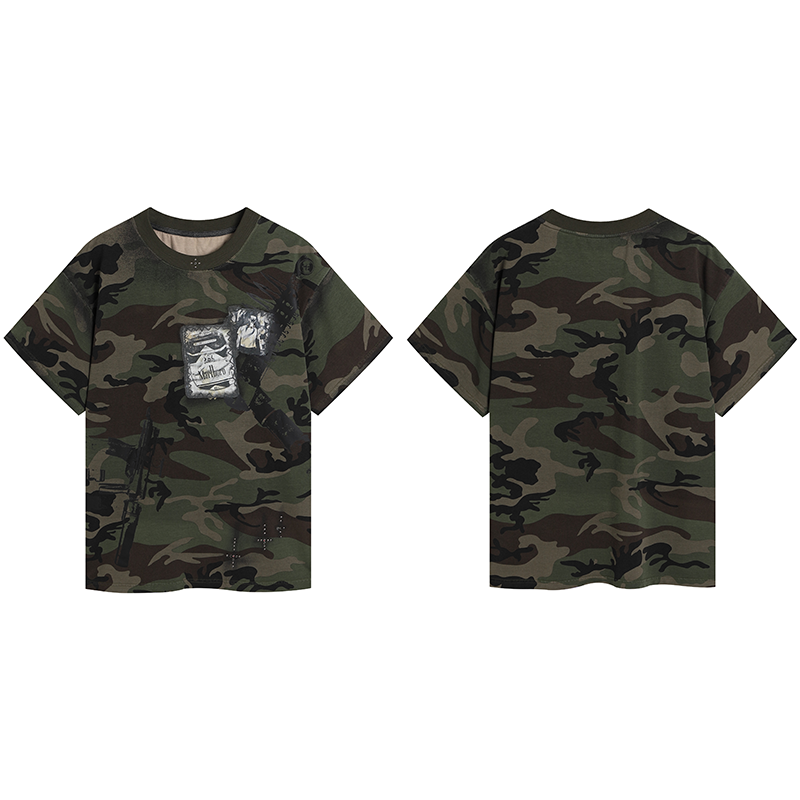 Cross Rhinestone Graphic Print Camouflage Short Sleeve T-Shirt WN17095