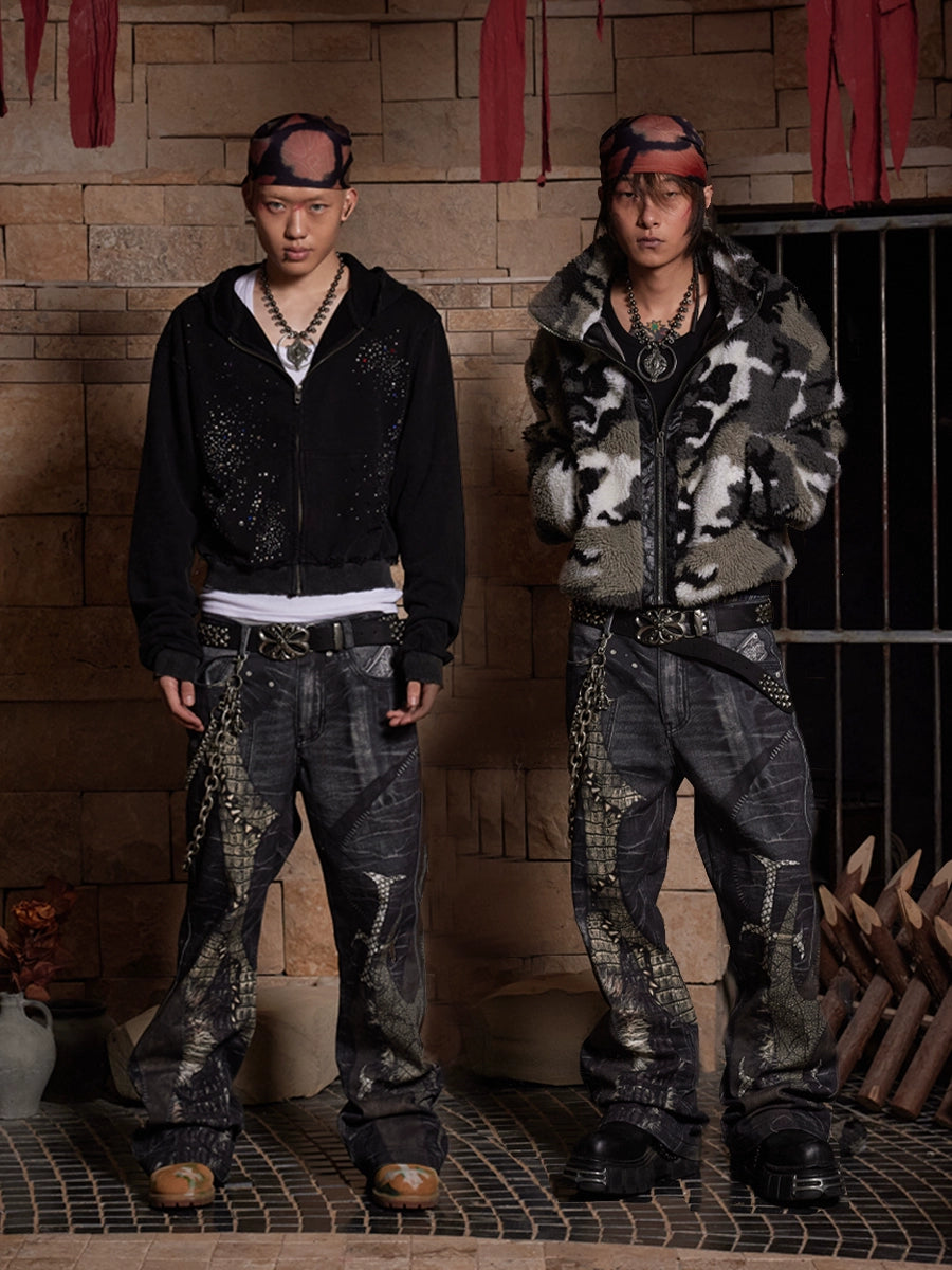 Digital Print Cross Design Flare Denim Jeans WN17145