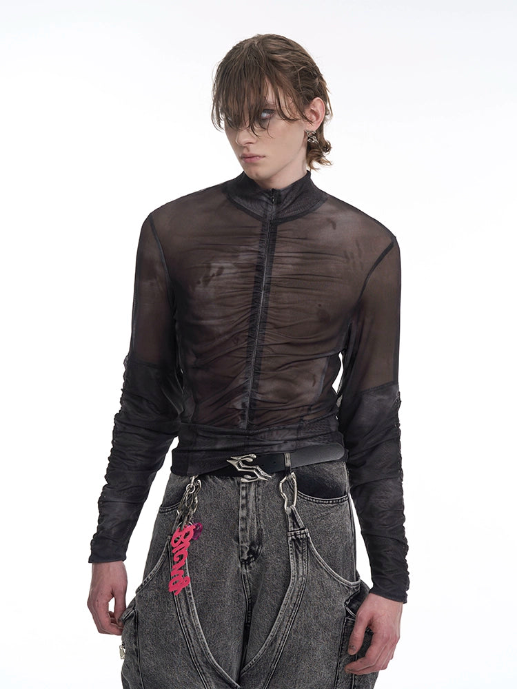 Ruched Mesh Half-High Neck Long Sleeve T-Shirt WN13230