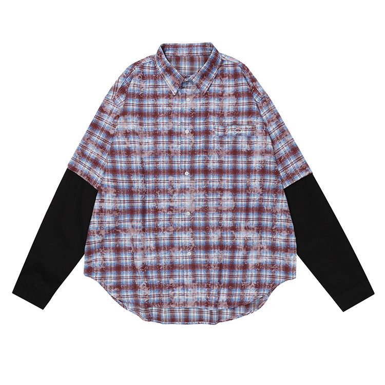 Plaid Fake Layered Letter Embroidery Dyeing Long Sleeve Shirt WN12439