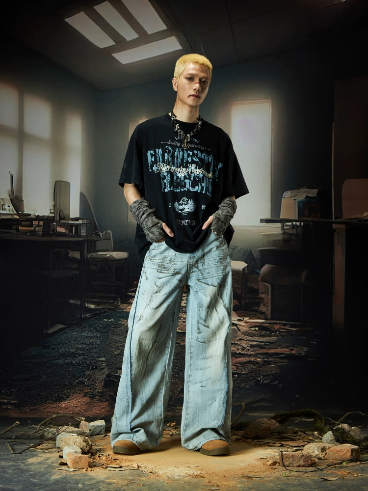 Stain Wash Graffiti Hand-Rubbed Patchwork Wide Leg Straight Denim Jeans WN18503