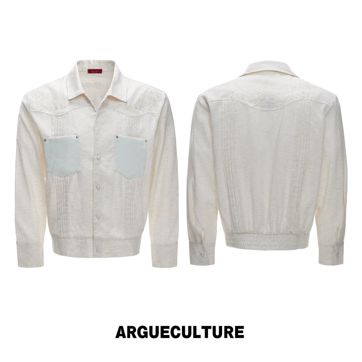 Floral Embroidery Linen Leather Panel Pleats Jacket WN27042