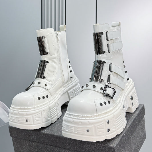 Patent Strap Buckle Studs Platform Short Boots WN24674