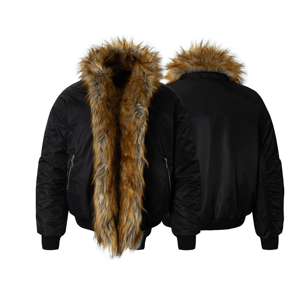 Zipper Pocket Fake Fur Collar Fleece Lining Puffer Jacket WN21890