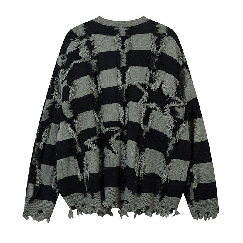 Damage Hem Colorblock Striped Knit Sweater WN11454