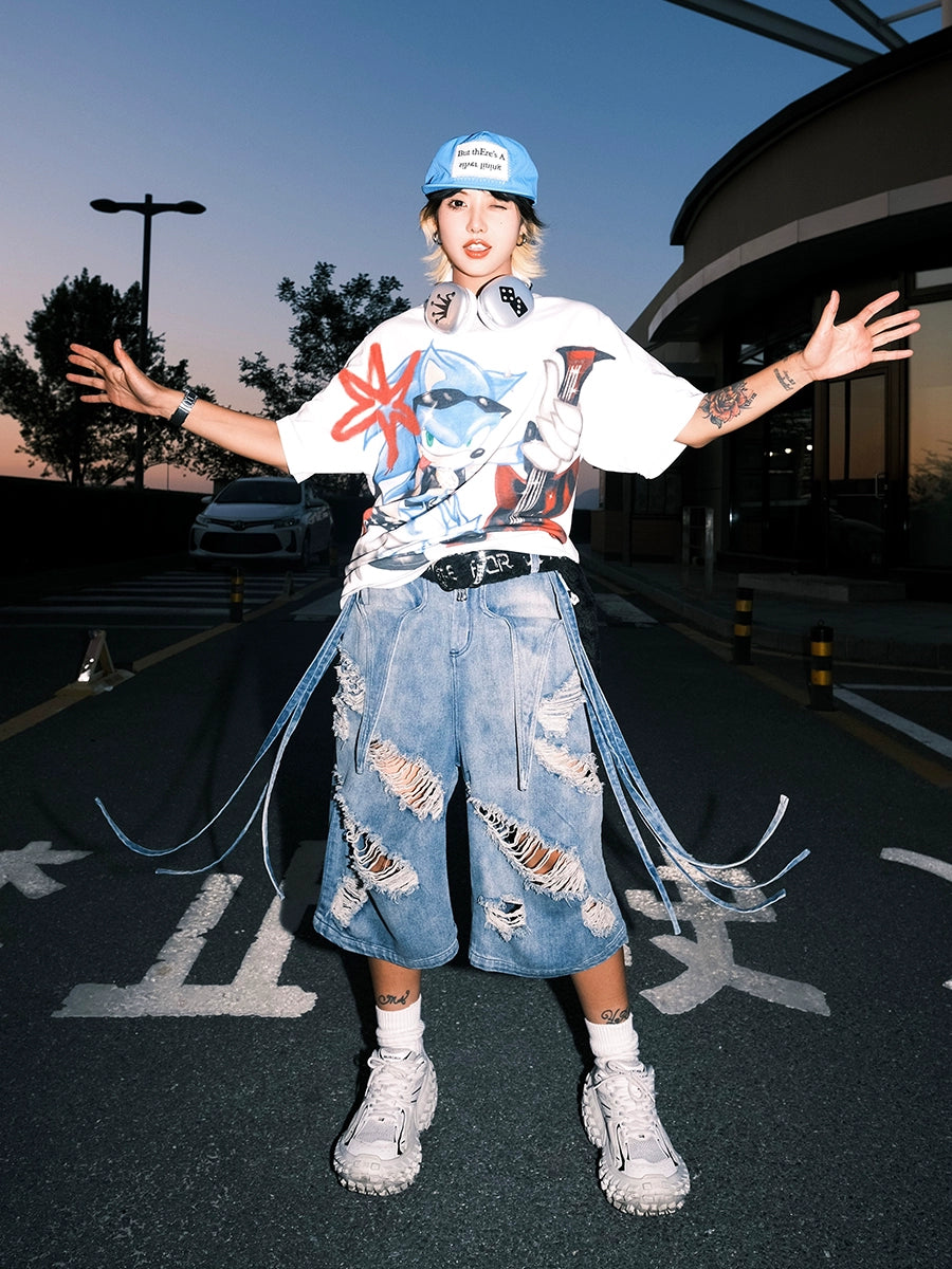 Sonic Guitar Cartoon Print Short Sleeve T-Shirt WN17049