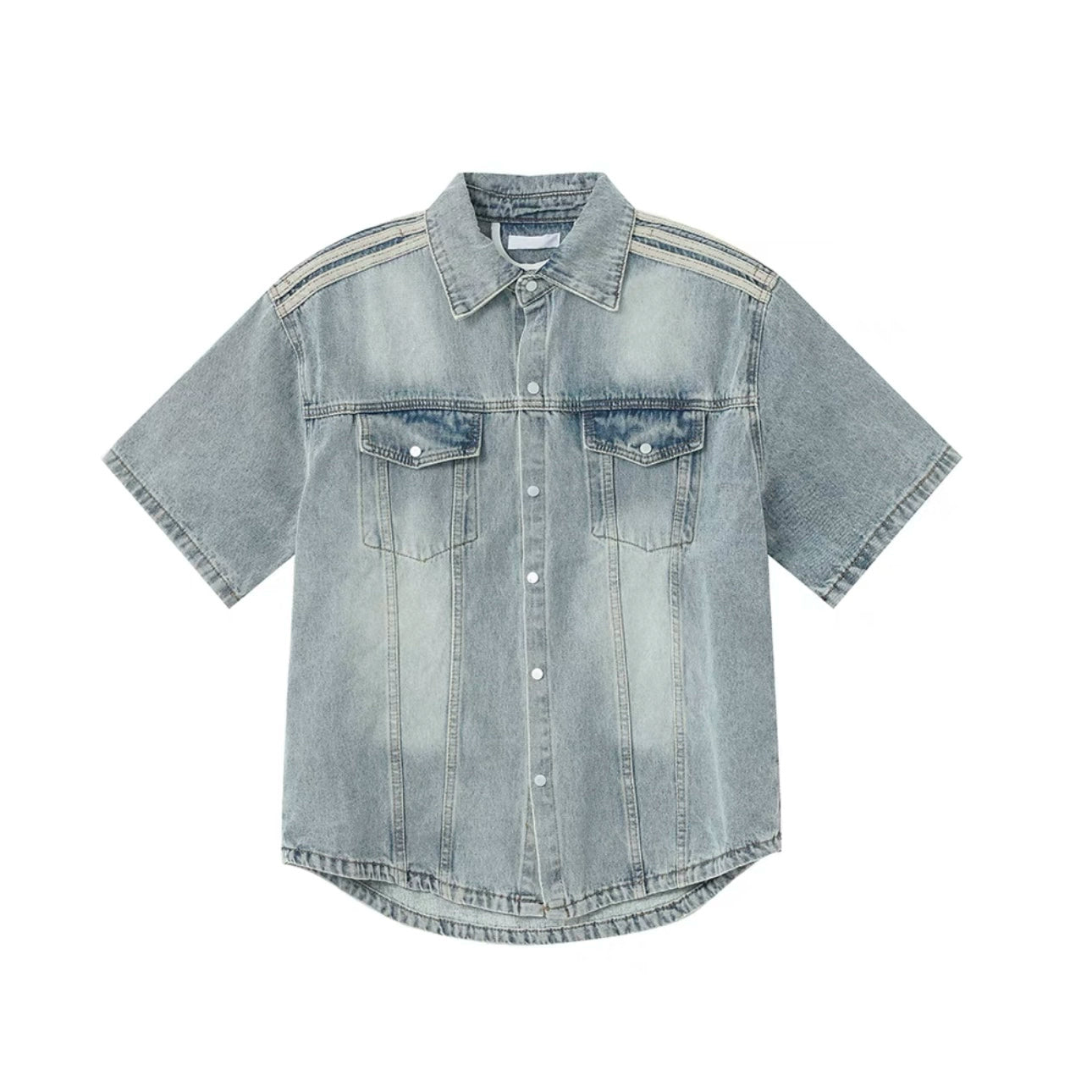 Stripe Washed Denim Short Sleeve Shirt & Wide Leg Denim Jeans Setup WN19815