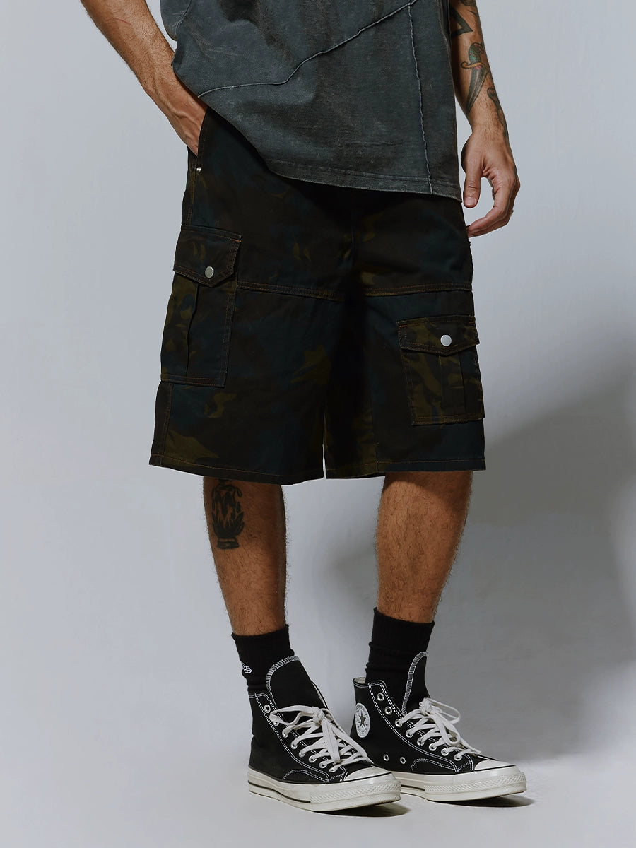 Washed Camouflage Multi-Pocket Cargo Half Pants WN17509