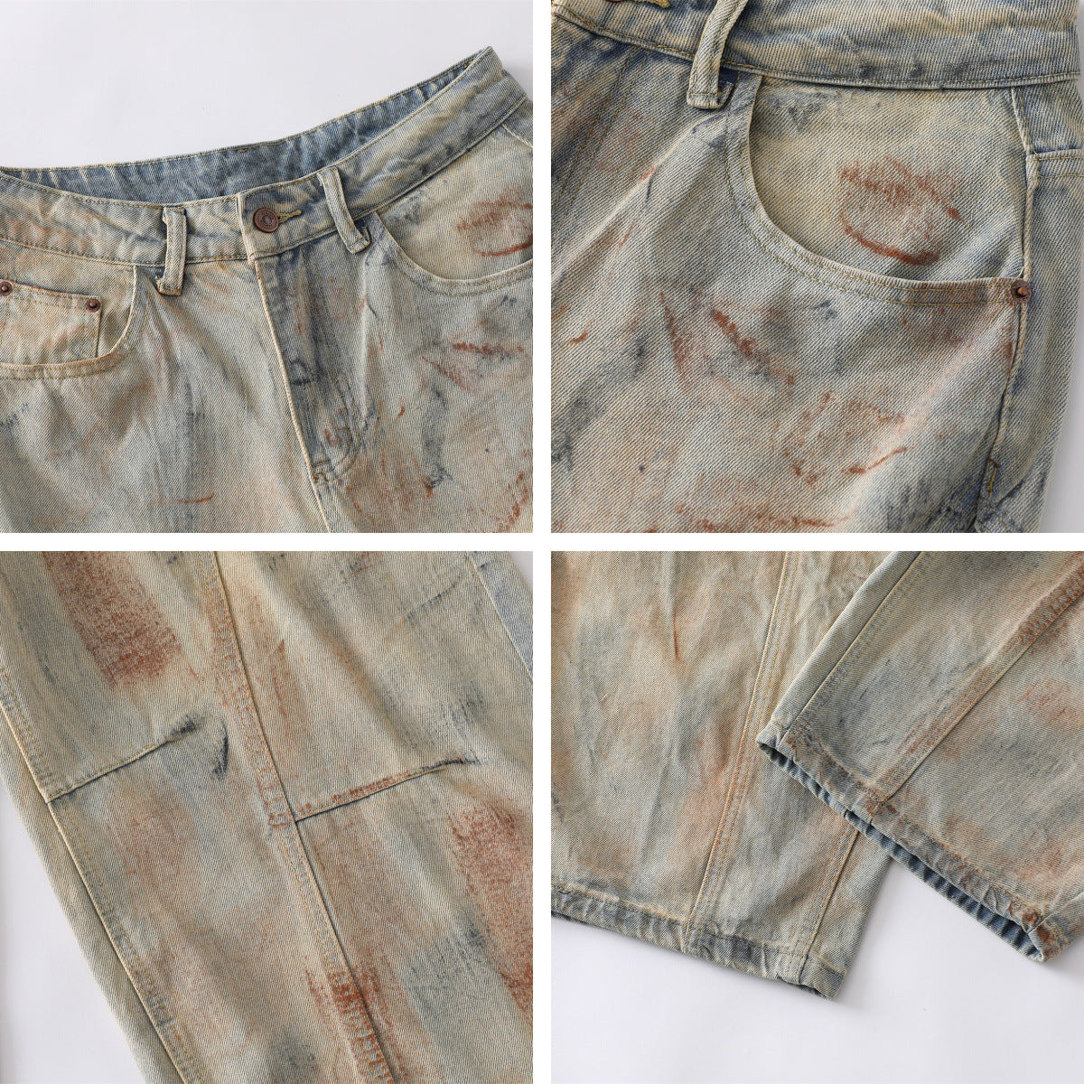 Washed Mud Dye Dirty Wide-Leg Denim Jeans WN15083