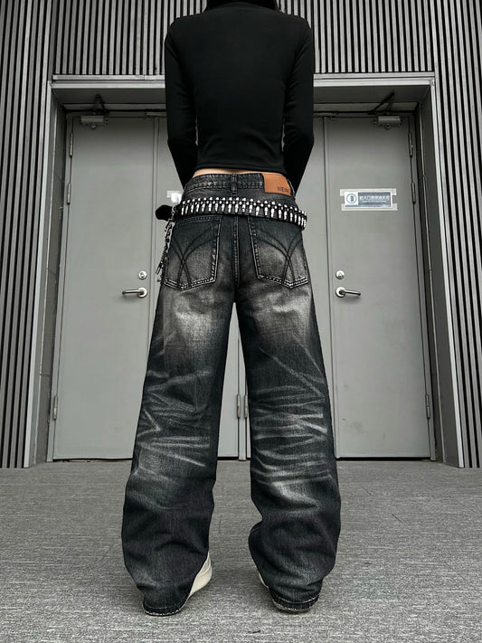 Washed Fade Whisker Wide Leg Denim Jeans WN24174