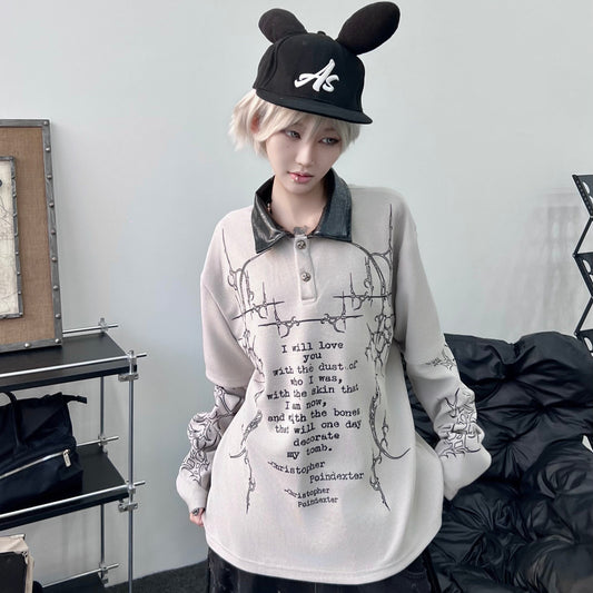 Dark Print Fake Layered Waffle Long Sleeve Polo T-Shirt WN24207