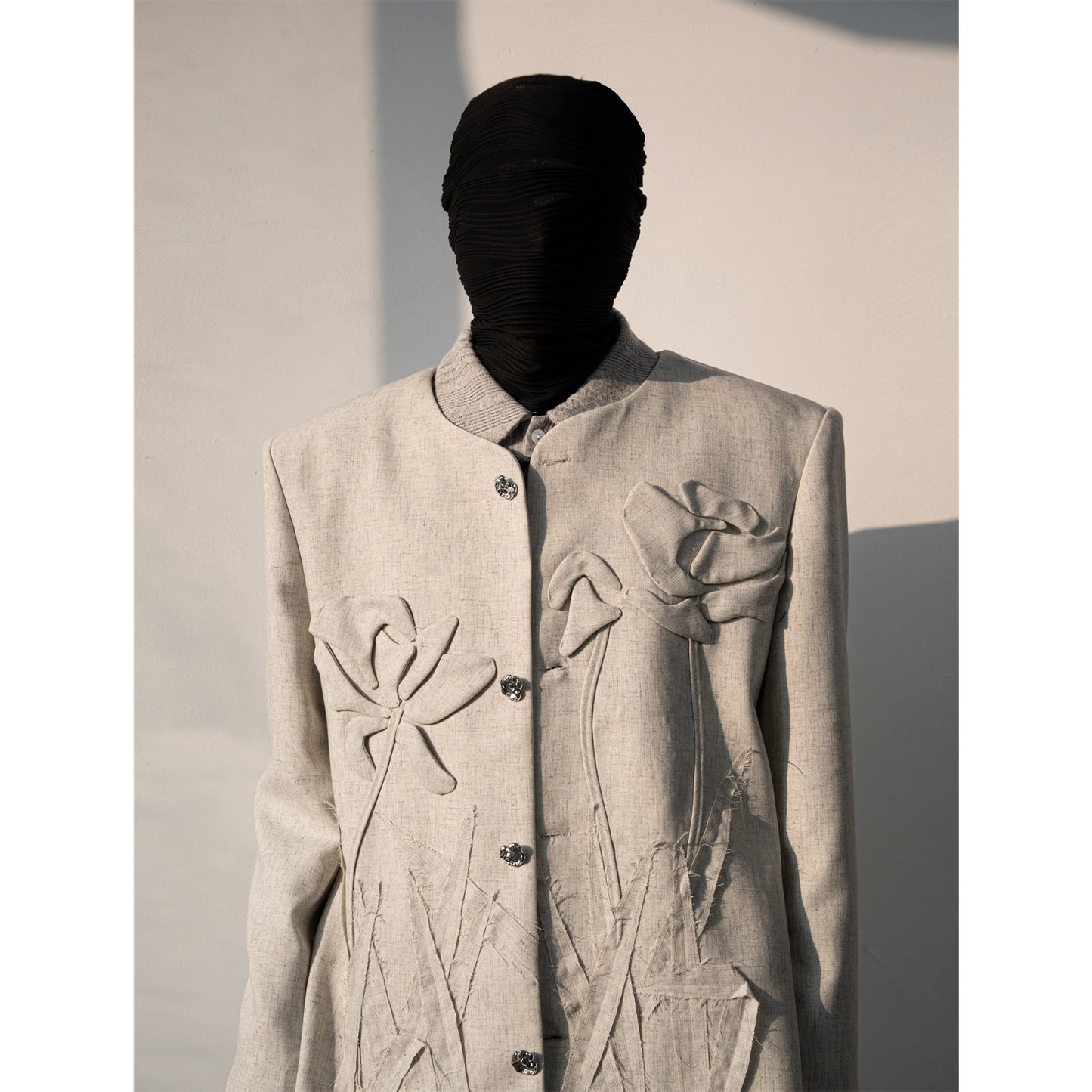 3D Floral Applique Collarless Jacket & Wide-Leg Trousers Setup WN23642