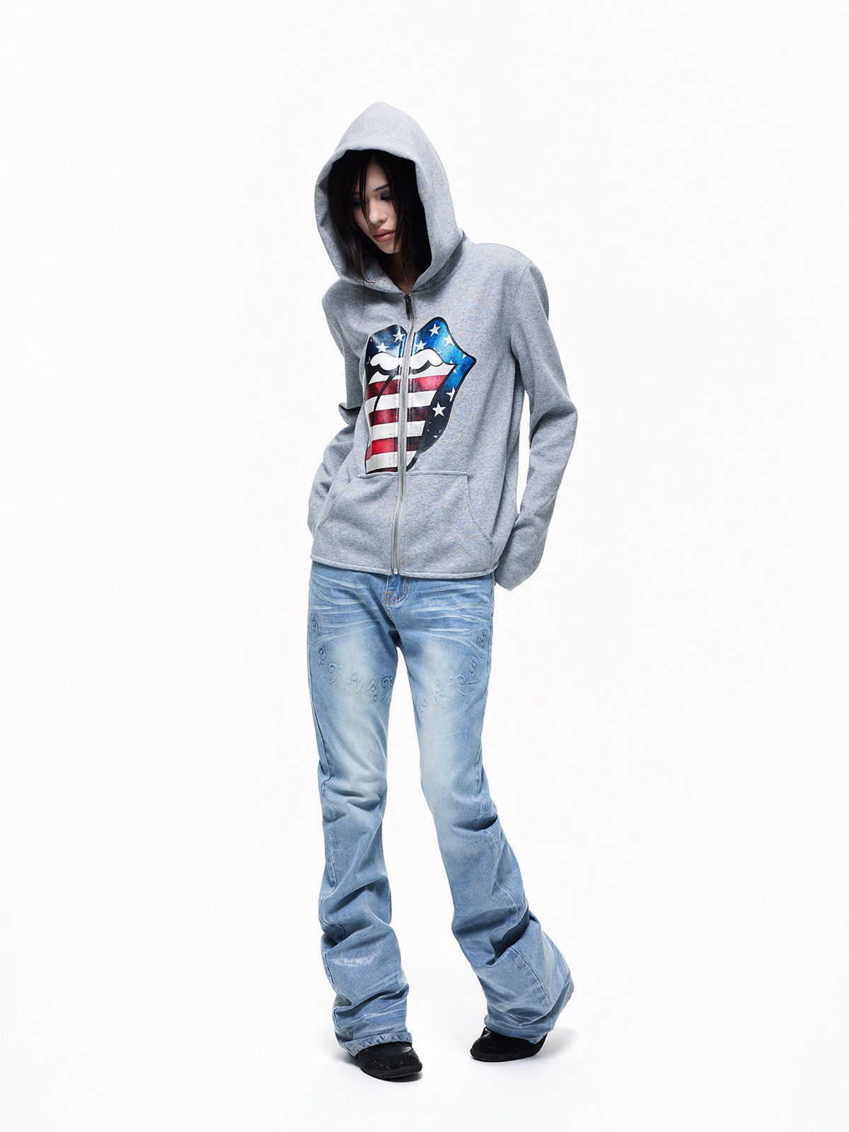 Graphic Print Side-Pocket Cropped Zipper Hoodie WN27332