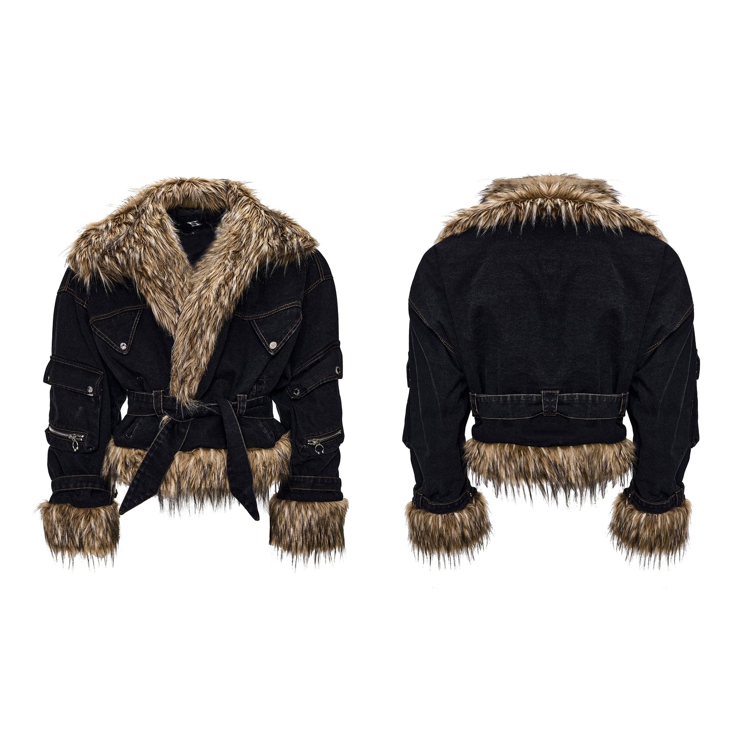 Fake Fur Patchwork Puffer Batwing Denim Jacket WN21836