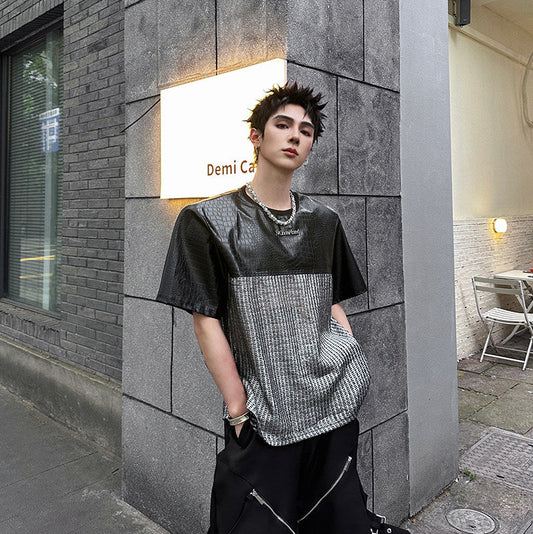 PU Leather Mesh Oversize Patchwork Short Sleeve T-Shirt WN25151