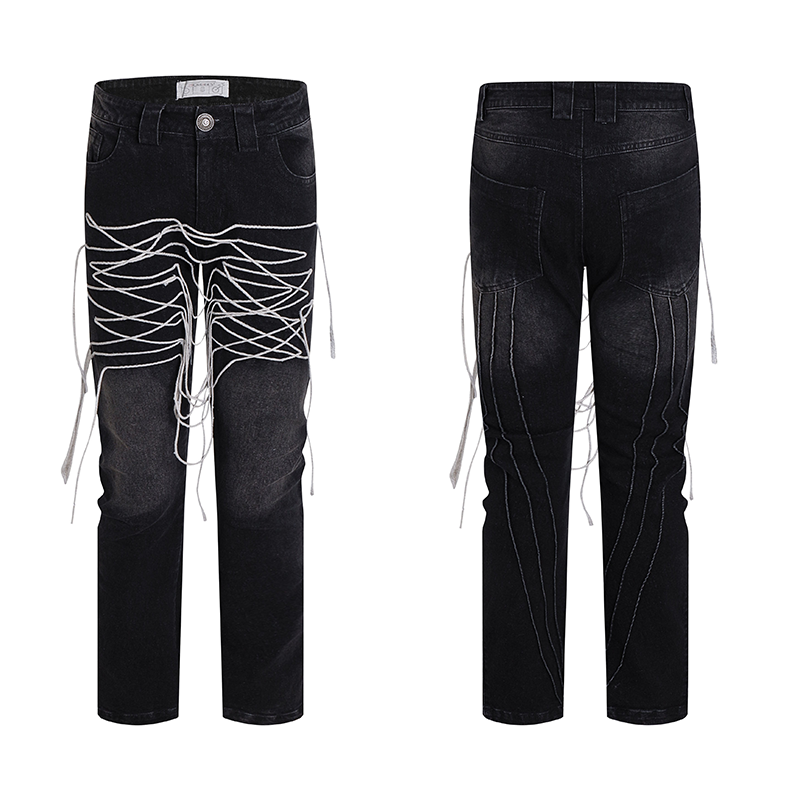 Washed Star Drawstring Stretch Denim Jeans WN17009