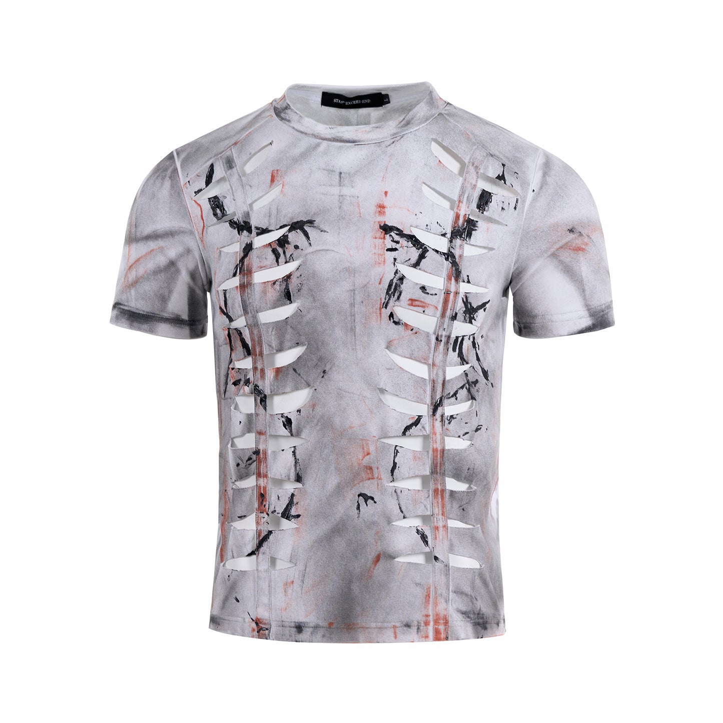 Cut-out Graffiti Spray Dye Stretch Short Sleeve T-Shirt WN14879