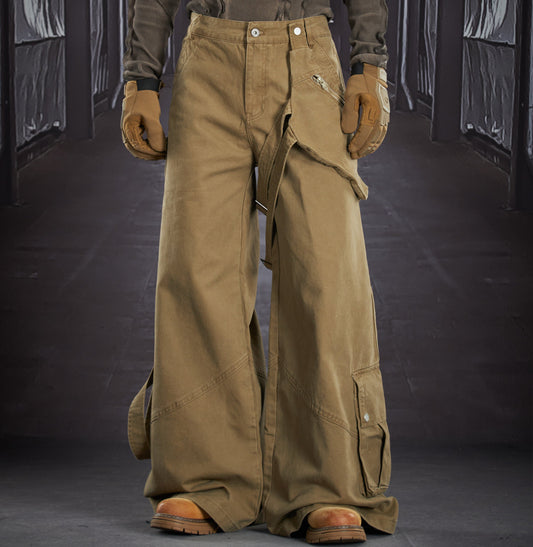 Detachable Hip Bag Ribbon Patchwork Multi Pocket Straight Cargo Pants WN22915