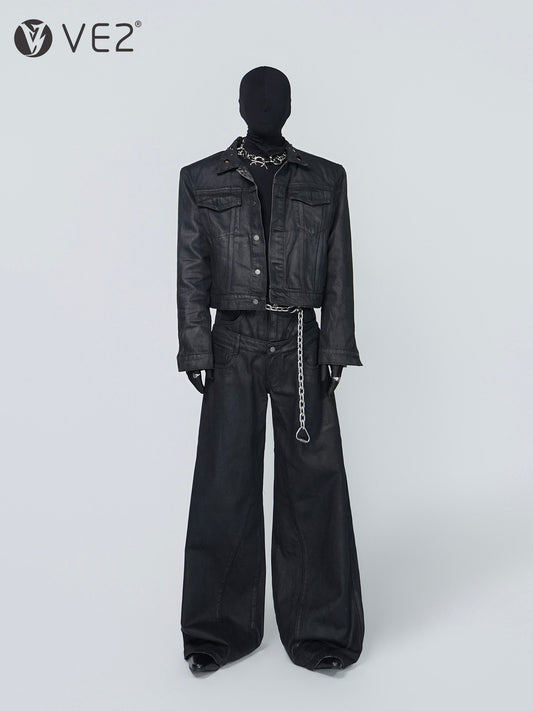 Wax Coated Short Denim Jacket & Wax Coated Wide Leg Denim Jeans Setup WN24302
