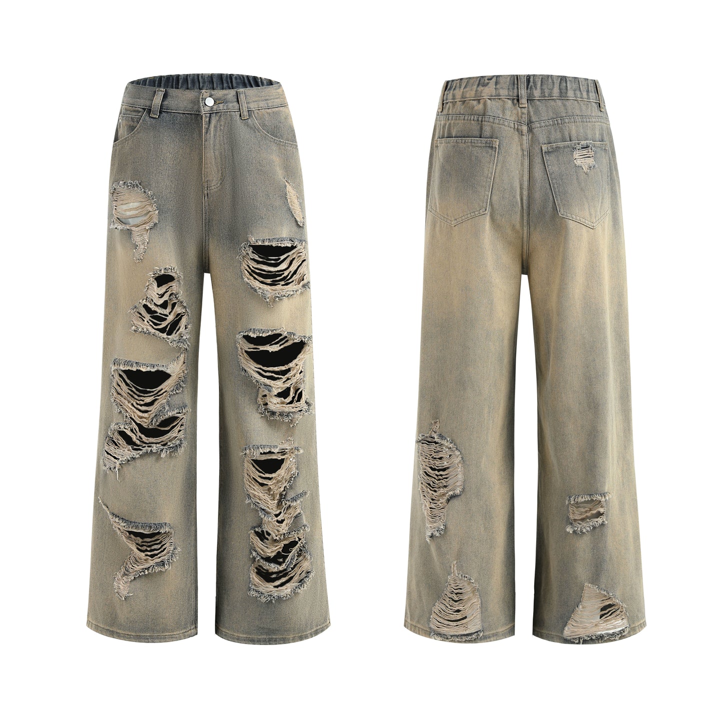 Washed Mud Effect Damage Ripped Wide Leg Straight Pants WN24201