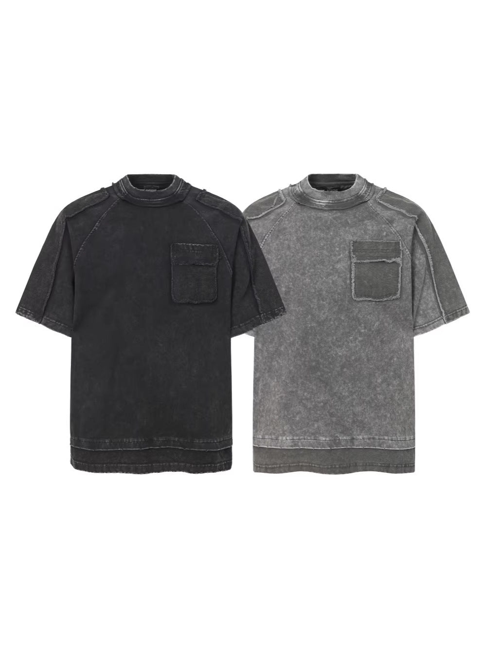 Washed Fake Layered Pocket Detail Short Sleeve T-Shirt WN28028