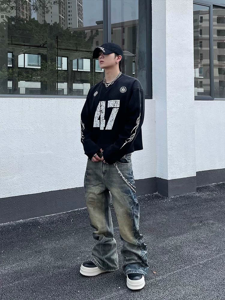 Washed Wide Leg Flare Denim Jeans WN16296