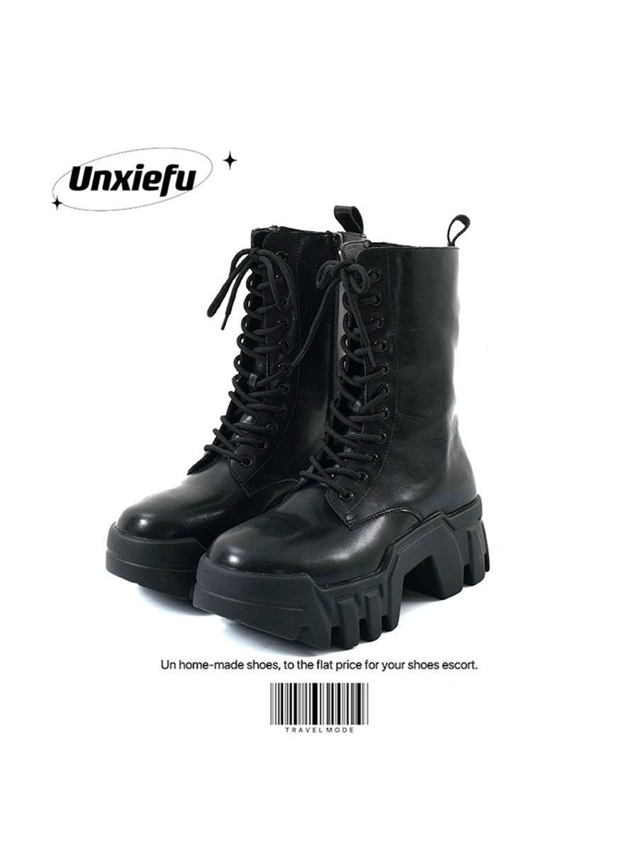 Round Toe Chunky Sole Tank Leather Martin Boots WN20788